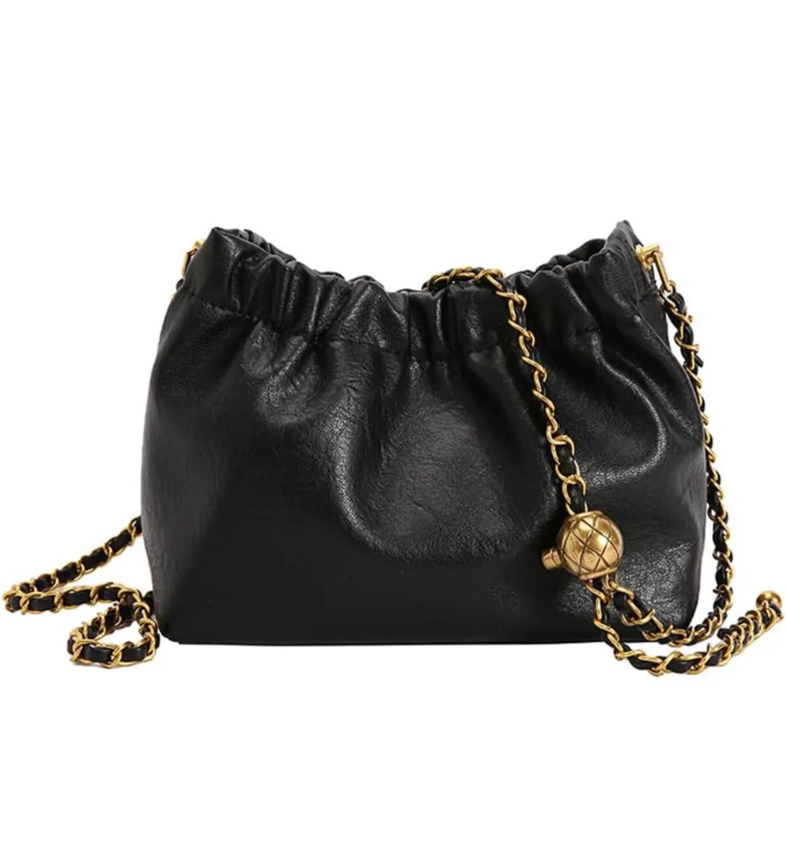 Womens Leather Chain Boho Pleated Trendy Drawstring Small Bag Tote Shoulder Handbag Crossbody Bags