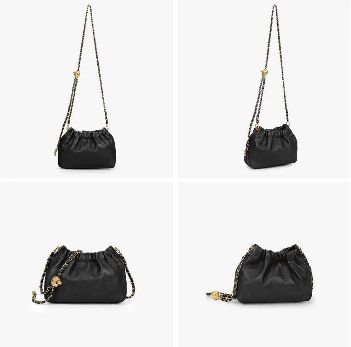Womens Leather Chain Boho Pleated Trendy Drawstring Small Bag Tote Shoulder Handbag Crossbody Bags