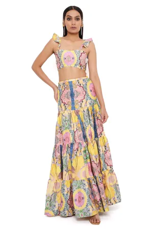 YELLOW ENCHANTED PRINT SILK EMBROIDERED BUSTIER WITH A SKIRT